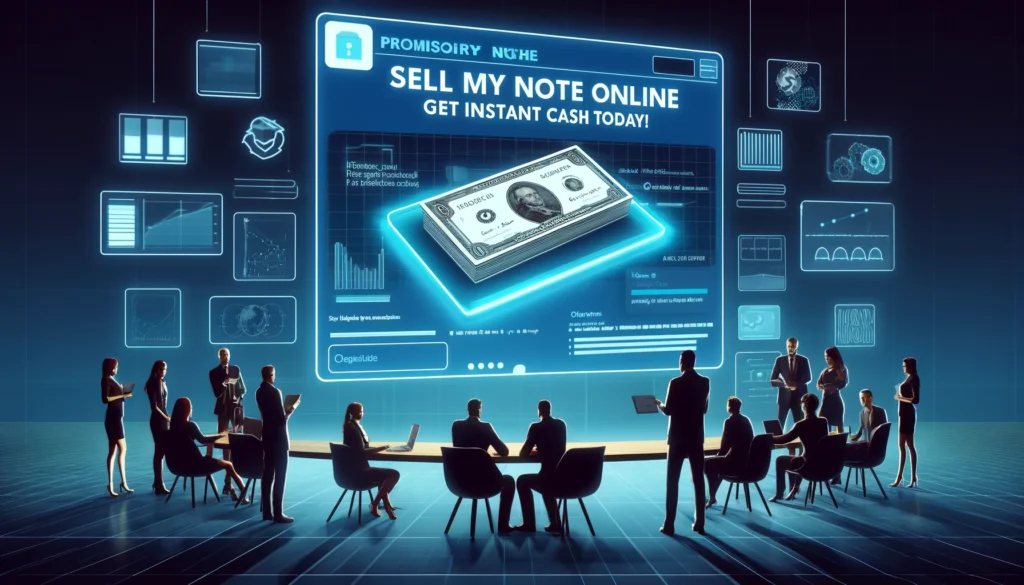 A vibrant digital artwork showing a diverse group of people engaging in online financial transactions, centered around a screen advertising the service "Sell My Note Online - Get Instant Cash Today!" in a modern office.