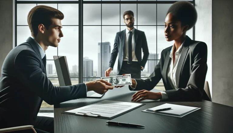 Two business professionals, a Caucasian male and an African American female, in a modern office setting, exchanging a promissory note across a sleek desk.