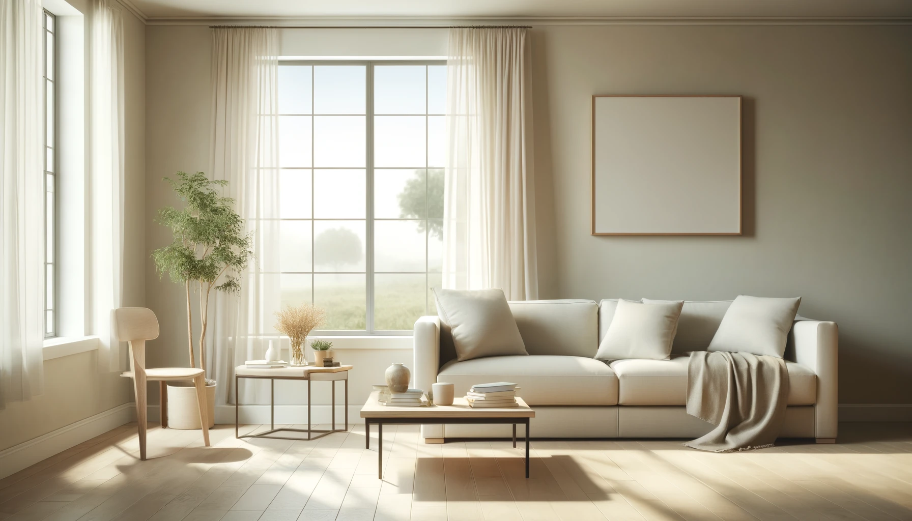 A minimalist and serene living room with light-colored walls, a cozy sofa, a coffee table, and natural lighting.