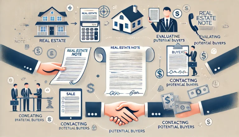 "Illustration of the process to sell real estate notes: person holding a note, evaluating value with calculator and documents, contacting buyers through computer and phone, and ending with a handshake agreement."