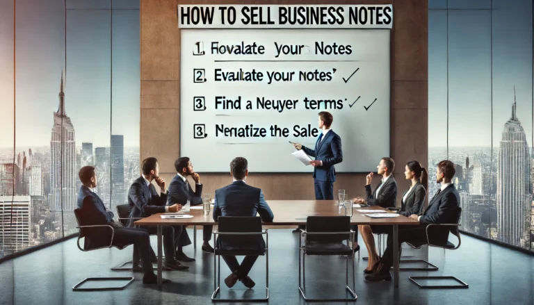 A professional business setting where a person is presenting a whiteboard titled "How to Sell Business Notes". Key points on the whiteboard include "Evaluate Your Notes", "Find a Buyer", "Negotiate Terms", and "Finalize the Sale". Business people are seated around a conference table, attentively listening to the presenter. The room features large windows showcasing a cityscape view in the background, creating a focused and professional atmosphere.