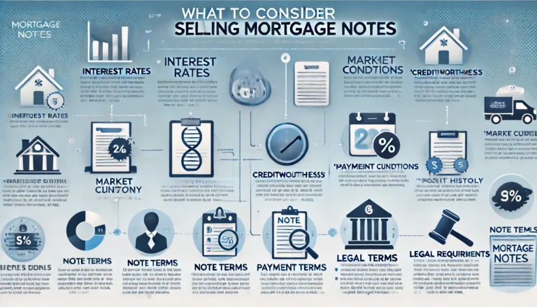 Infographic on 'What to Consider When Selling Mortgage Notes' featuring key points: Interest Rates, Creditworthiness, Market Conditions, Payment History, Note Terms, and Legal Requirements, each with relevant icons and brief descriptions.
