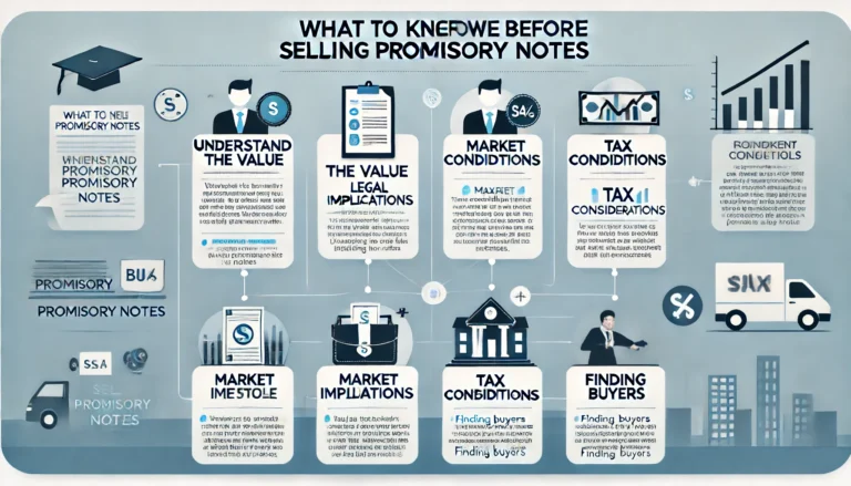 Professional infographic titled "What to Know Before Selling Promissory Notes" with sections on "Understand the Value," "Legal Implications," "Market Conditions," "Tax Considerations," and "Finding Buyers," each with a corresponding icon and brief description. Background features a gradient of blue to white.