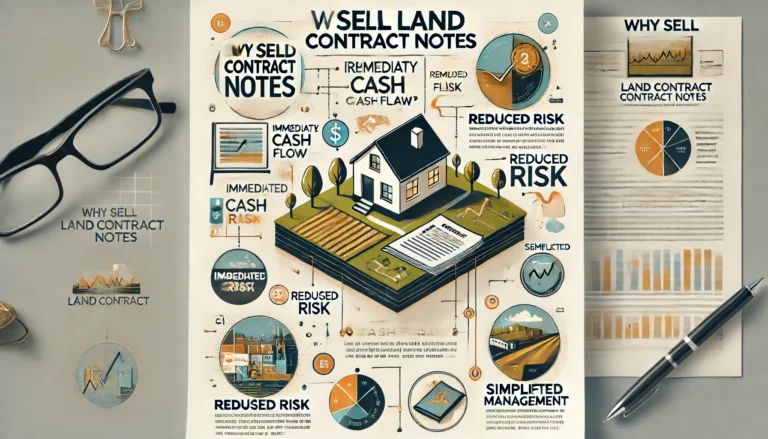 A graphic titled "Why Sell Land Contract Notes" with illustrations of key benefits such as "Immediate Cash Flow," "Reduced Risk," and "Simplified Management." The background features land and real estate imagery, including a house, land plots, and a contract document.