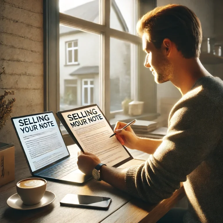 Person reviewing documents about selling their note at a cozy home desk with a laptop and coffee.
